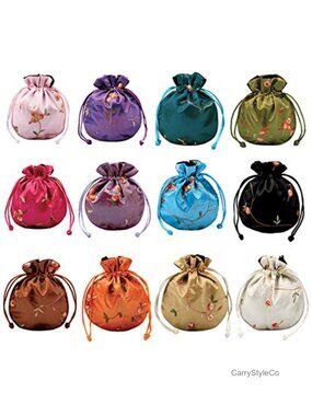 12 Silk Coin Purse Drawstring Floral Embroidered Jewelry Gift Pouches